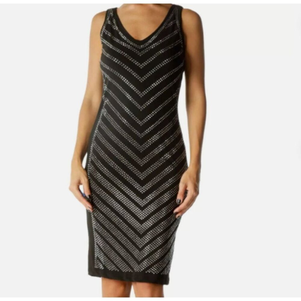 Carmen Marc Valvo Black embelished Rhinestone Bodycon Party Dress L stretchy New